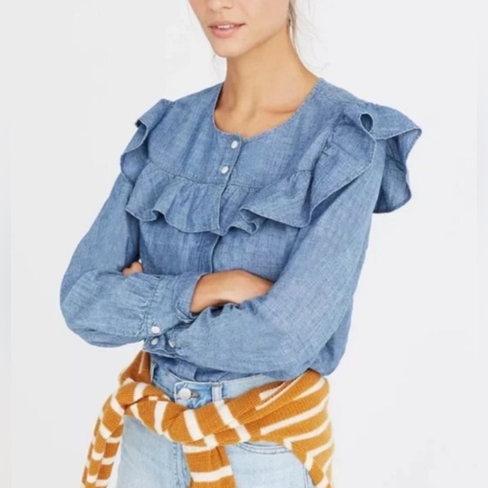 Madewell Chambray Ruffle Yoke Top in Denim